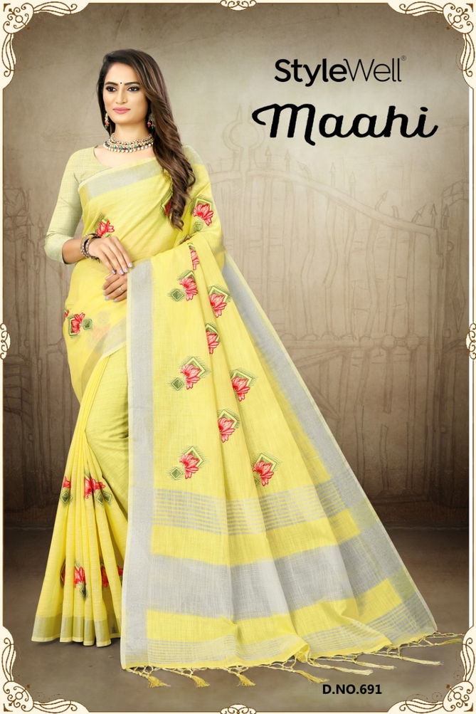 Style Well Maahi  New Exclusive Embroidery on Linen Patta Sarees Collection